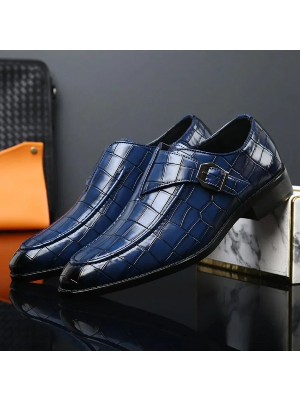 Men's Blue Monk Strap Dress Loafer Shoes Retro Leather Oxfords Shoes